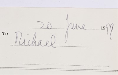 Lot 9 - H.M.Queen Elizabeth II, handwritten note dated 20th June 1999 to Michael expressing her delight in a purchase - signed ER