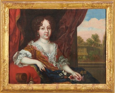 Lot 1335 - Attributed to Henri Gascars (1635 - 1701), oil on relined canvas, lady seated by a window in a lavish interior, 
in gilt frame. 39 x 51cm.