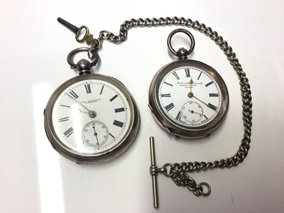 Lot 285 - Victorian silver open faced pocket watch, (London 1874) with a silver albert chain, together with a Swiss silver open face pocket watch, retailled by Kendal & Dent (3)