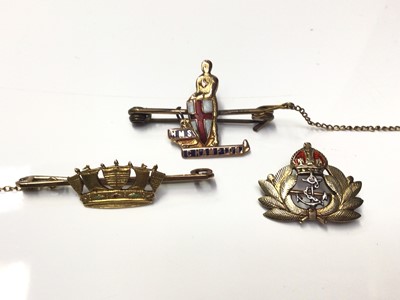 Lot 299 - 1920's Royal Navy Mural Crown 15ct gold sweetheart brooch, 4.5cm in length, together with a 14ct gold and enamel Royal Navy sweetheart brooch, 2.5cm in length and a 9ct gold and enamel H.M.S. Champ...