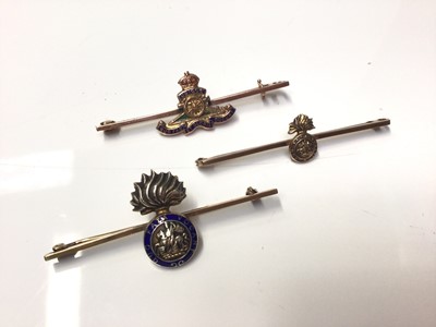 Lot 312 - First World War period Royal Artillery 9ct gold and enamel sweetheart brooch, 5cm in length, together with a 9ct gold and enamel Royal Fusiliers sweetheart brooch, 5cm in length and another similar...