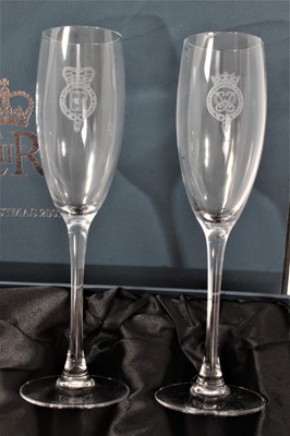 Lot 161 - H.M.Queen Elizabeth II 2007 Royal Household Christmas present Silver plated tray with two champagne glasses with crowned ER II ciphers in box