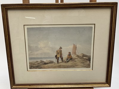 Lot 220 - 19th century watercolour, figures by the coast, Fry Gallery label verso