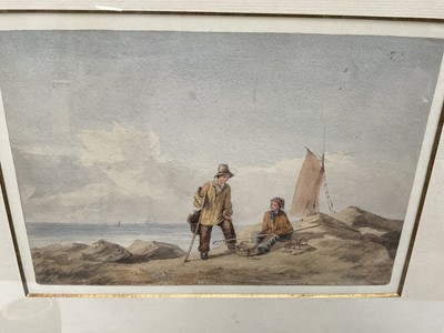 Lot 165 - 19th century watercolour, figures by the coast, Fry Gallery label verso