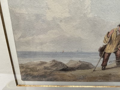 Lot 165 - 19th century watercolour, figures by the coast, Fry Gallery label verso