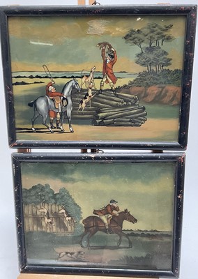 Lot 219 - Pair of late 19th / early 20th century reverse paintings on glass, hunting scenes
