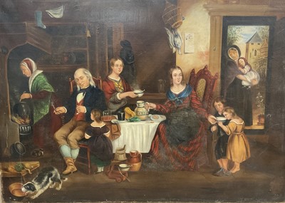 Lot 212 - 19th century Continental naieve school - Interior scene with family group