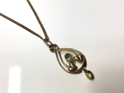 Lot 338 - Art Nouveau 9ct gold and peridot pendant by Murrle Bennett on a later 9ct gold chain