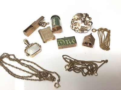Lot 339 - Five 9ct gold novelty charms, novelty domino charm (possibly Russian) and an Art Nouveau brooch, together with three 9ct gold chains.