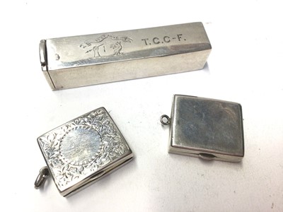 Lot 340 - Victorian silver stamp case, (Birmingham 1898), together with an Edwardian silver stamp case, (Birmingham 1902) and an unusual Victorian / Edwardian Vesta / Seal box (marks rubbed) (3)