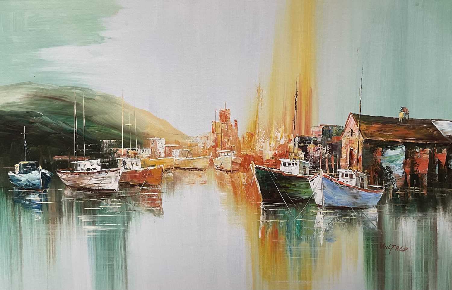 Lot 227 - Lang Weilfred/Wilfred (b. 1954) oil on canvas, harbour scene, signed