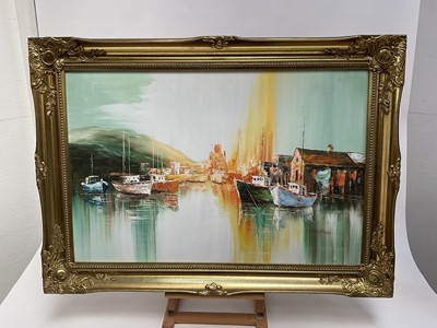 Lot 227 - Lang Weilfred/Wilfred (b. 1954) oil on canvas, harbour scene, signed
