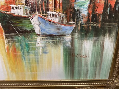 Lot 227 - Lang Weilfred/Wilfred (b. 1954) oil on canvas, harbour scene, signed