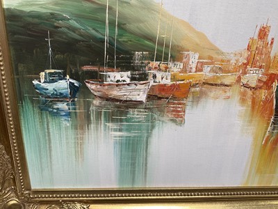 Lot 227 - Lang Weilfred/Wilfred (b. 1954) oil on canvas, harbour scene, signed