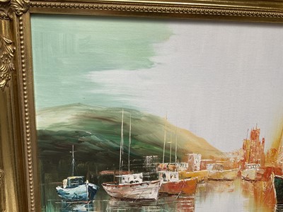 Lot 227 - Lang Weilfred/Wilfred (b. 1954) oil on canvas, harbour scene, signed