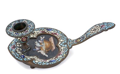 Lot 767 - 19th century Continental cloisonné and micro mosaic chamber stick, finely decorated with scene of Pliny's doves, 19cm long