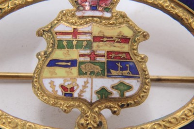 Lot 166 - Victorian gilt metal and enamel brooch with central shield depicting the provinces of Canada.