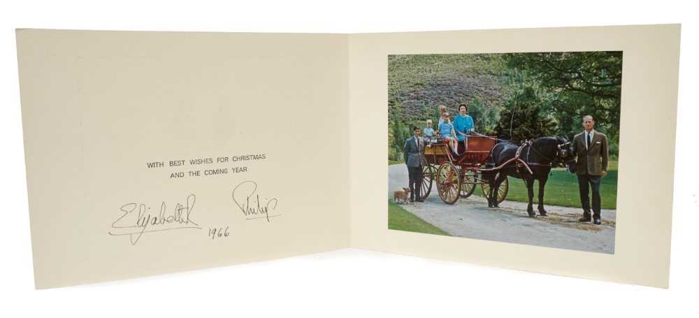Lot 32 - H.M. Queen Elizabeth II and H.R.H. The Duke of Edinburgh - signed 1966 Christmas card with twin Royal ciphers to cover, photograph of the Royal Family in a pony and trap to the interior