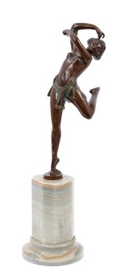 Lot 777 - Bruno Zach (1891-1935) bronze and patinated bronze figure of an exotic dancer, signed ZACH, the bronze 26cm high, raised on faceted banded agate base, total height 39cm