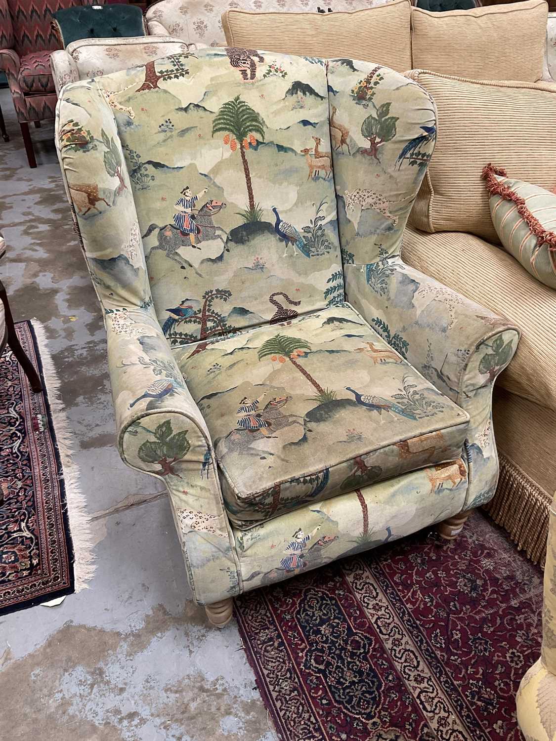 Lot 1214 - Pair of Multiyork wing back chairs upholstered in Aesops Fable velvet on turned legs, purchased new in 2017.