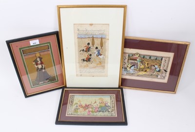 Lot 808 - 19th century Indo-Persian gouache portrait of a water carrier, 20 x 13cm together with three Indo-Persian gouache illuminated manuscript leaves, all in glazed frames