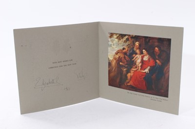 Lot 29 - H.M. Queen Elizabeth II and H.R.H. The Duke of Edinburgh, signed 1961 Christmas card with twin gilt Royal ciphers to cover, colour print of The Holy Family after Rubens to interior