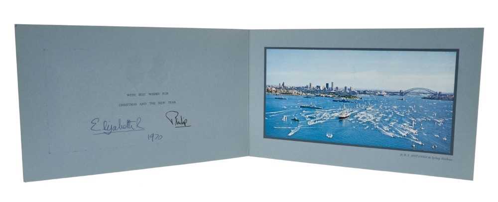 Lot 35 - H.M. Queen Elizabeth II and H.R.H. The Duke of Edinburgh, signed 1970 Christmas card with twin gilt Royal ciphers to cover, colour photograph of H.M.Y. Britannia in Sydney Harbour to interior