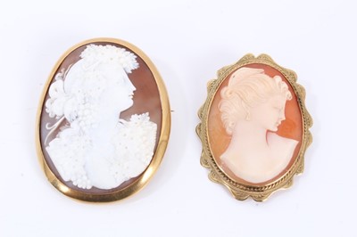 Lot 536 - 19th century Italian carved shell cameo depicting a bacchanalian female bust in French gold brooch mount, 55mm x 45mm, and one other gold mounted cameo brooch (2)