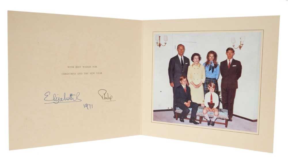 Lot 36 - H.M. Queen Elizabeth II and H.R.H. The Duke of Edinburgh, signed 1971 Christmas card with twin gilt Royal ciphers to cover, colour photograph of the Royal Family to the interior.