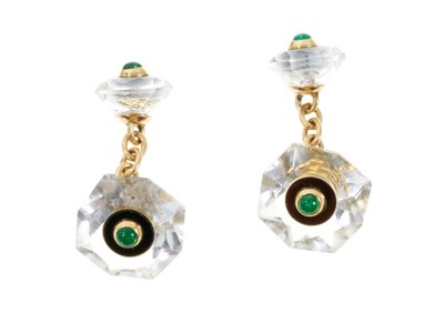 Lot 594 - Art Deco rock crystal emerald and black enamel cufflinks