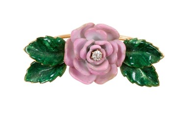 Lot 602 - Pink enamel and diamond rose brooch