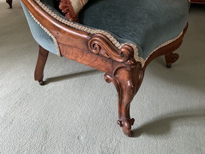 Lot 1239 - Victorian button upholstered scroll back rosewood chair, raised on cabriole legs and castors