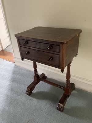 Lot 1316 - Regency rosewood work table, with rounded rectangular top and two fitted drawers on turned supports and sledge bases, 50cm wide x 37cm deep x 71cm high