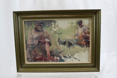 Lot 913 - Harry Becker (1865-1928) oil on board - figure sketches, 'Lunch Break', framed