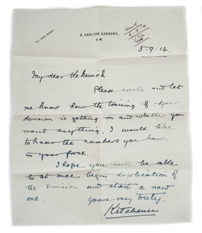 Lot 60 - Field Marshal Lord Herbert Kitchener,1st Earl Kitchener KG, handwritten letter dated 5th September 1914 on 2 Carlton Terrace headed writing paper to Major-General Robert Kekewich CB.