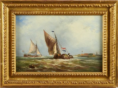 Lot 1157 - Willem Gruyter (1817-1880) oil on panel - Dutch Barges off the Dutch Coast, signed, 21cm x 30cm, in gilt frame  
Provenance: Colin Denny Ltd., Chelsea Green, London