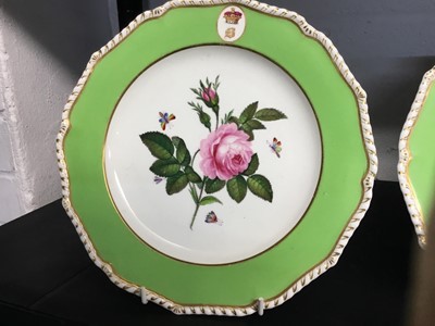 Lot 65 - Fine pair Early 19th century Bloor Derby botanical subject dessert plates with Marquess's coronet above a Gothic B monogram within border cartouches, each plate painted with flowers and insects wit...
