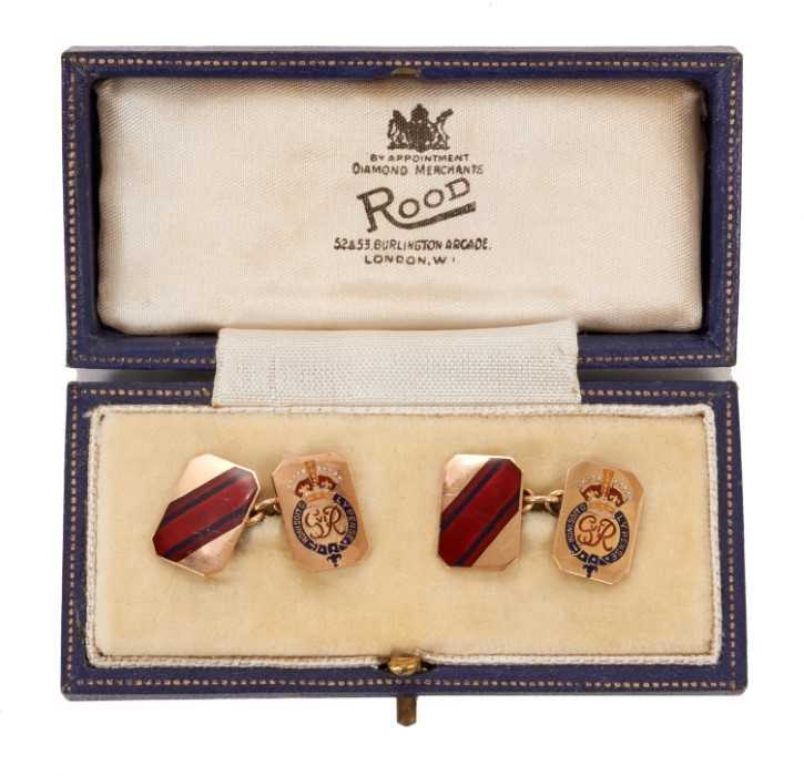 Lot 67 - Pair King George VI Royal Engineer Officers 9ct gold and enamel cufflinks with crowned GR VI ciphers and regimental red and blue stripes, dated 1949 in fitted case.