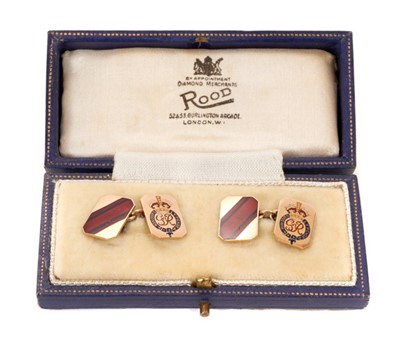 Lot 67 - Pair King George VI Royal Engineer Officers 9ct gold and enamel cufflinks with crowned GR VI ciphers and regimental red and blue stripes, dated 1949 in fitted case.
