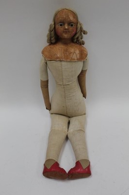 Lot 1807 - Late 18th / early 19th wax head and shoulder doll with blonde real hair ringlets