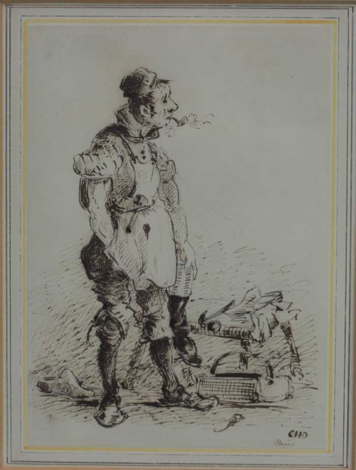 Lot 1184 - Charles Cooper Henderson 1803-1877 Pen and Ink drawing of a cobbler with his bag of tools and bench, inscribed and signed with the artists initials, framed and glazed 35cm x 29cm