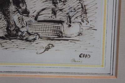 Lot 1184 - Charles Cooper Henderson 1803-1877 Pen and Ink drawing of a cobbler with his bag of tools and bench, inscribed and signed with the artists initials, framed and glazed 35cm x 29cm