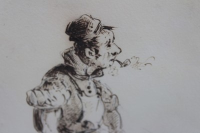 Lot 1184 - Charles Cooper Henderson 1803-1877 Pen and Ink drawing of a cobbler with his bag of tools and bench, inscribed and signed with the artists initials, framed and glazed 35cm x 29cm