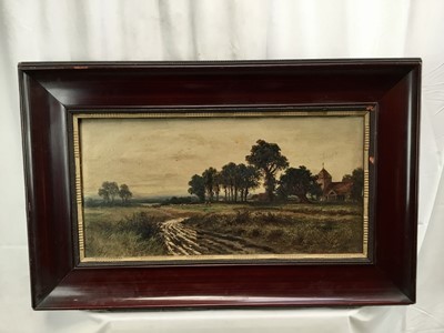 Lot 191 - 19th century oil painting by J Lewis, fields with trees and church in background and sheep and shepherd in distance. 30cm x 60cm, framed