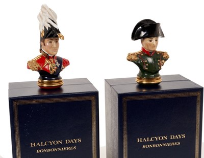 Lot 71 - Two unusual Halcyon Days enamel bonbonieres in the form of a bust of The Duke of Wellington in uniform and wearing a cocked hat and another of Napoleon Bonaparte in uniform and wearing a bicorn hat...
