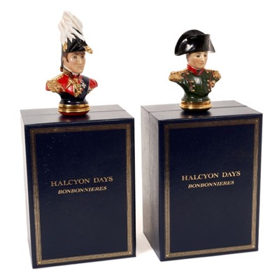 Lot 71 - Two unusual Halcyon Days enamel bonbonieres in the form of a bust of The Duke of Wellington in uniform and wearing a cocked hat and another of Napoleon Bonaparte in uniform and wearing a bicorn hat...