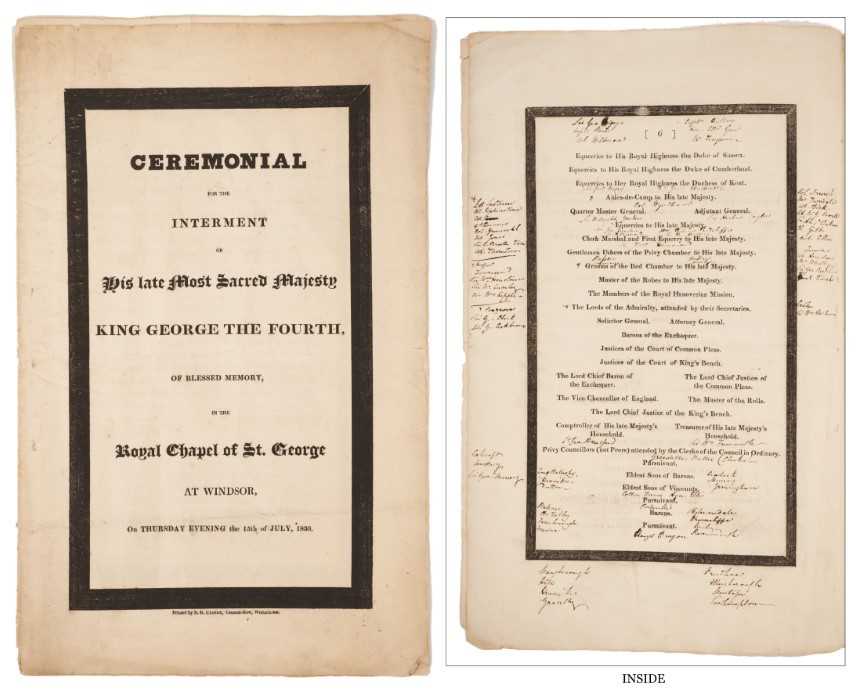 Lot 72 - The Internment of H.M. King George IV at the Royal Chapel of St George , Windsor - Thursday evening the 15th July 1830- a rare Ceremonial with hand written annotations- a fascinating document