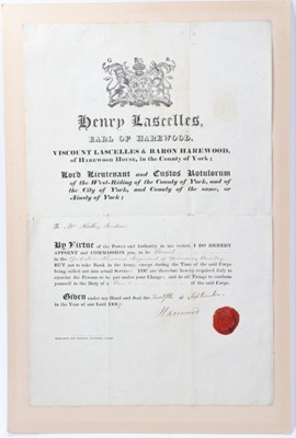 Lot 74 - The Earl of Harewood, scarce signed Officers Commision appointing Mr Kirkby Fenton a Cornet in the Yorkshire Hussars Regiment of Yeomanry Cavalry dated 12th September 1839- printed and hand inscrib...