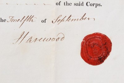 Lot 74 - The Earl of Harewood, scarce signed Officers Commision appointing Mr Kirkby Fenton a Cornet in the Yorkshire Hussars Regiment of Yeomanry Cavalry dated 12th September 1839- printed and hand inscrib...