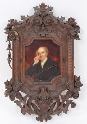 Lot 849 - Fine quality Victorian half length portrait on porcelain, inscribed verso 'J Snell by J Simpson 1846, Galway Road, Westbourne Grove, in good quality carved walnut frame, 28cm high